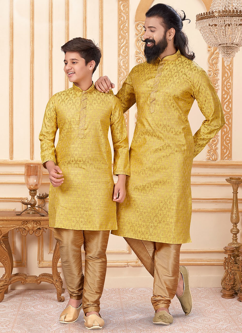 Buttis Jacquard Silk Yellow Kurta Pyjama - M1919