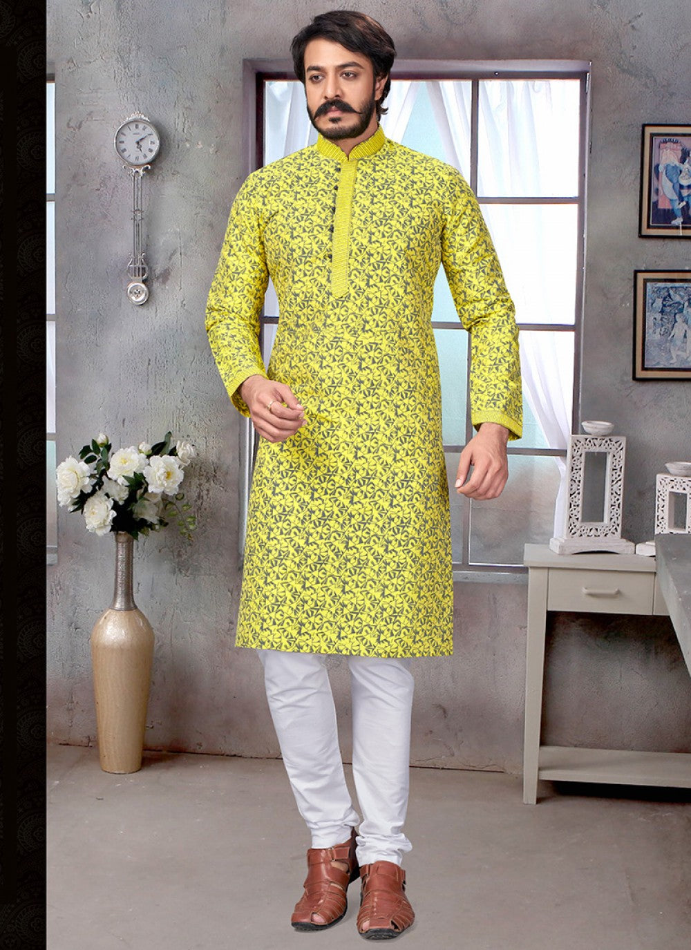 Printed Jacquard Silk Yellow Kurta Pyjama - M1886