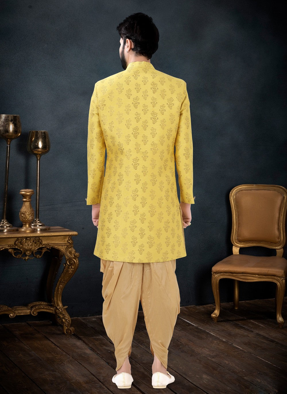 Jacquard Work Jacquard Yellow Indo Western Sherwani - M4456