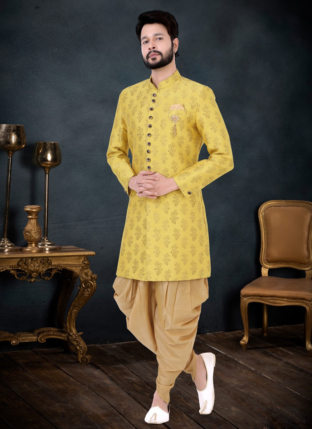 Jacquard Work Jacquard Yellow Indo Western Sherwani - M4456