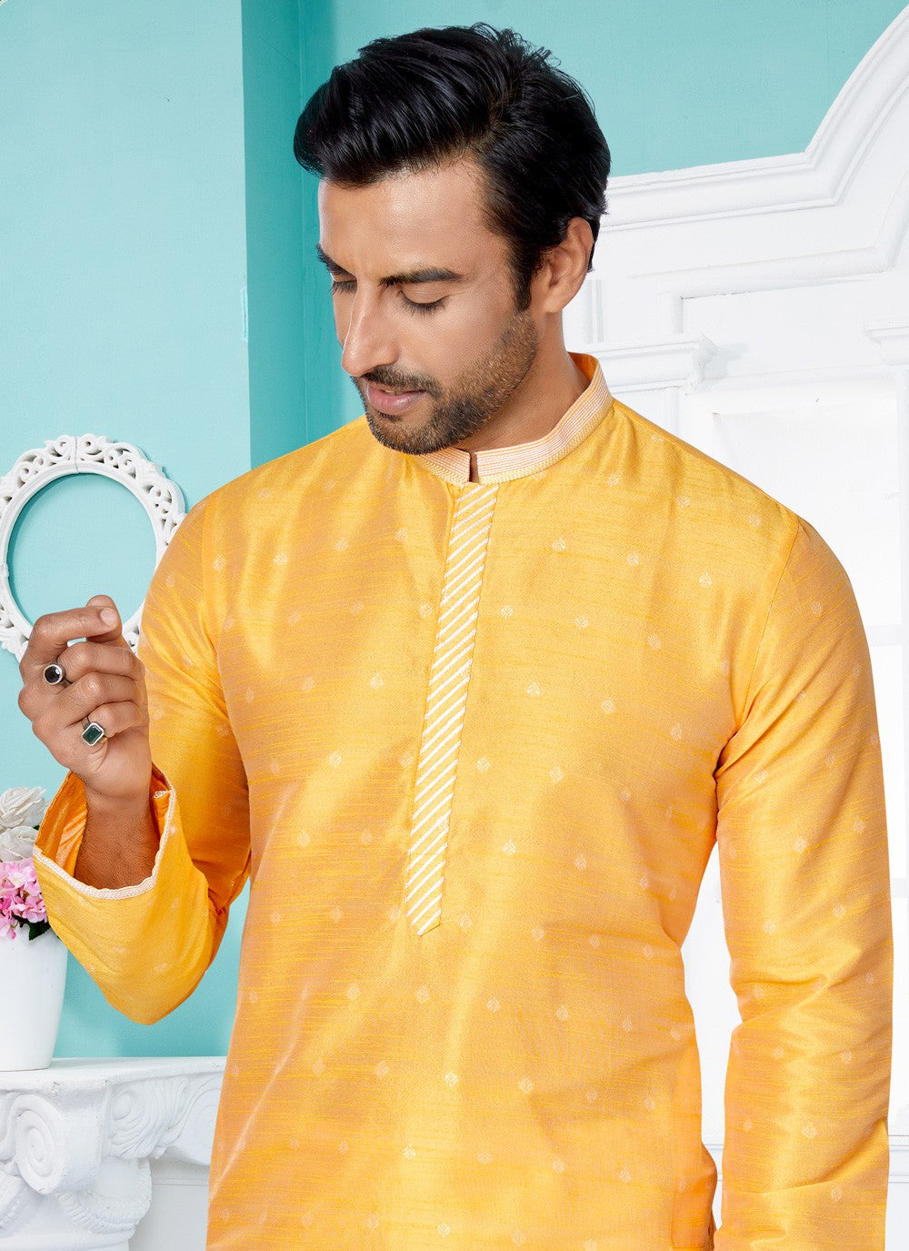 Jacquard Work Banarasi Silk, Jacquard Yellow Kurta Pyjama - M4944