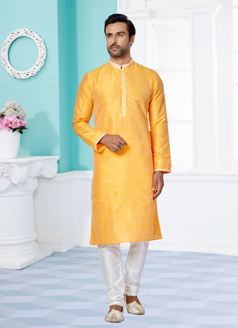 Jacquard Work Banarasi Silk, Jacquard Yellow Kurta Pyjama - M4944