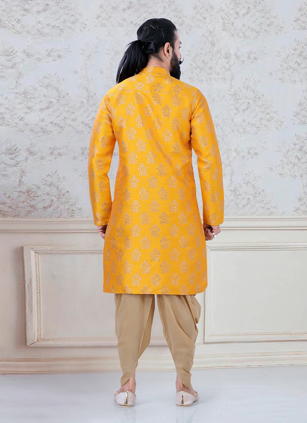 Fancy Work Jamawar Silk Yellow Dhoti Kurta - M3093