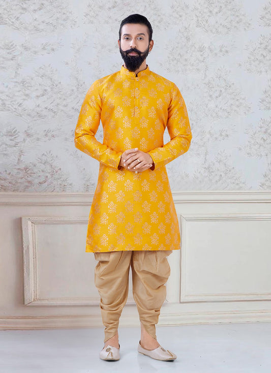 Fancy Work Jamawar Silk Yellow Dhoti Kurta - M3093