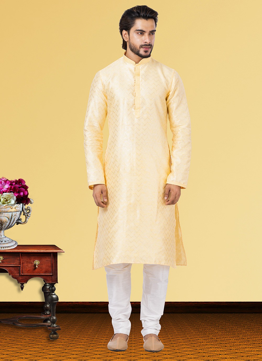 Fancy Work Linen, Silk Yellow Kurta Pyjama - M3685