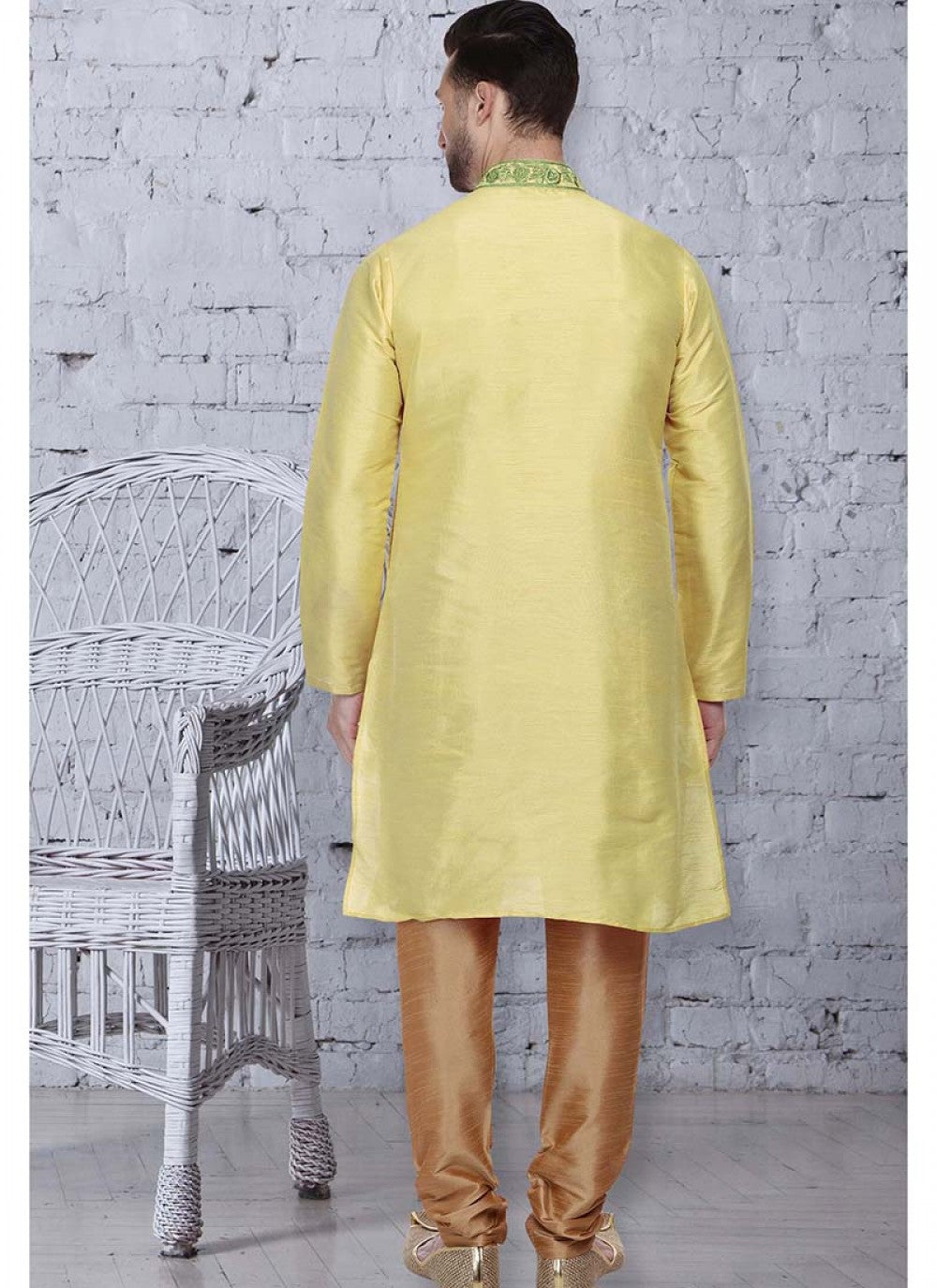 Embroidered Art Dupion Silk Yellow Kurta Pyjama - M1535