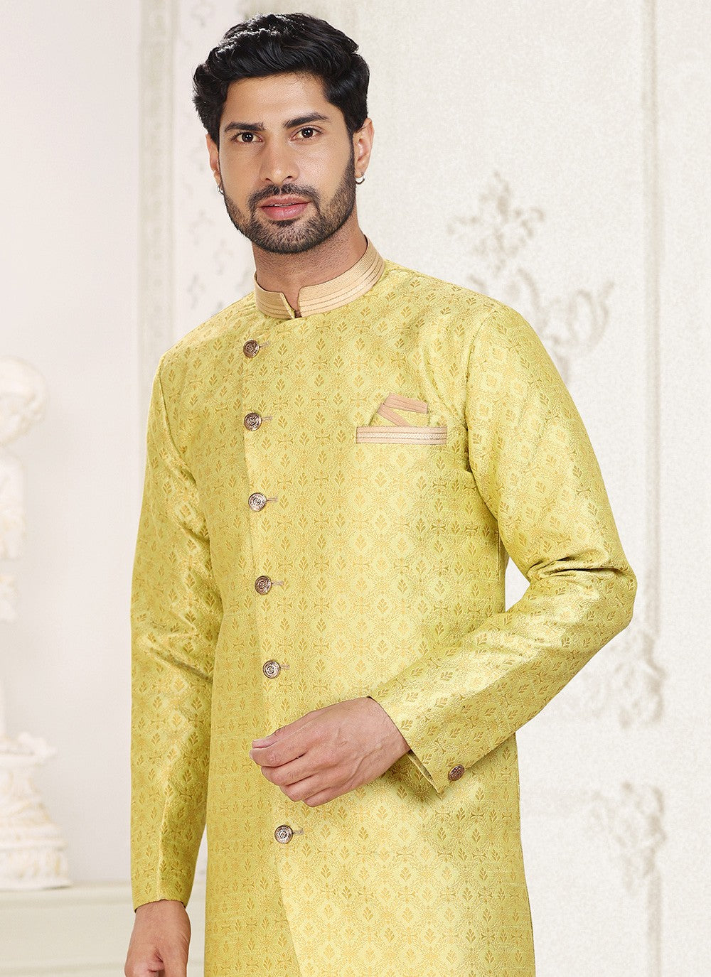 Jacquard Work Banarasi Jacquard Yellow Indo Western - M5282