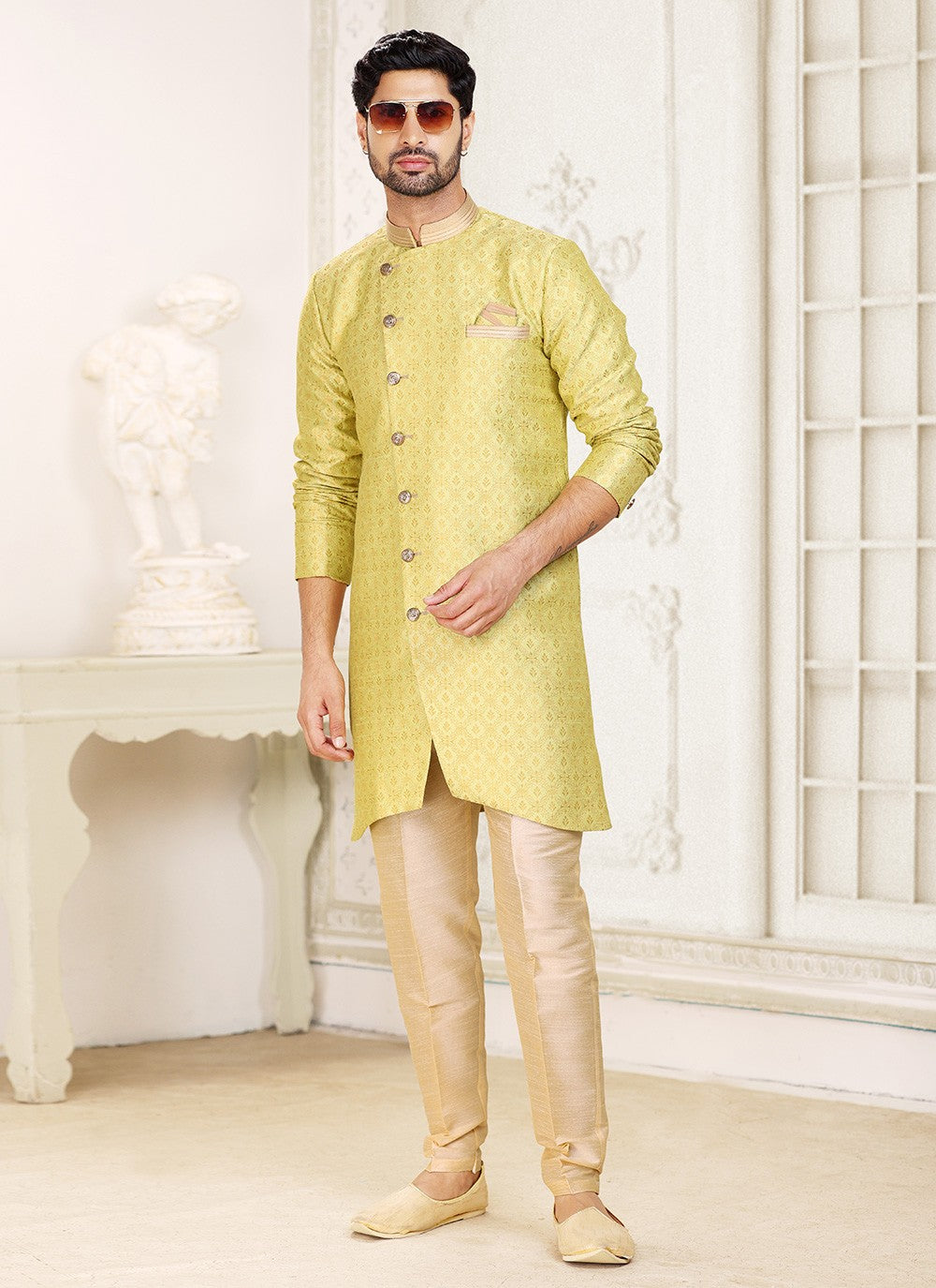 Jacquard Work Banarasi Jacquard Yellow Indo Western - M5282