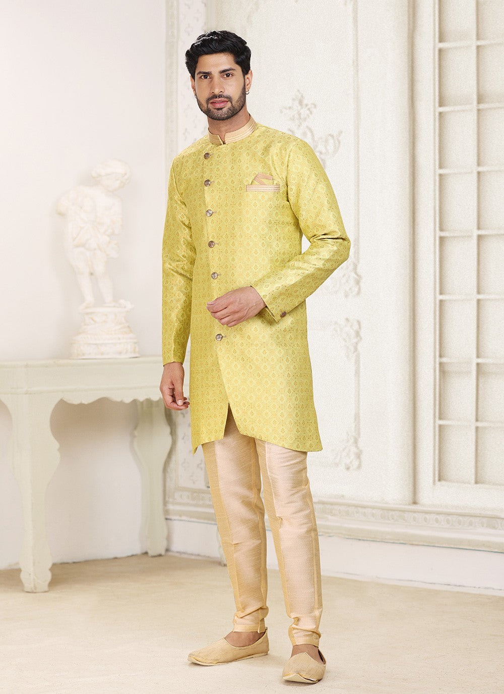 Jacquard Work Banarasi Jacquard Yellow Indo Western - M5282