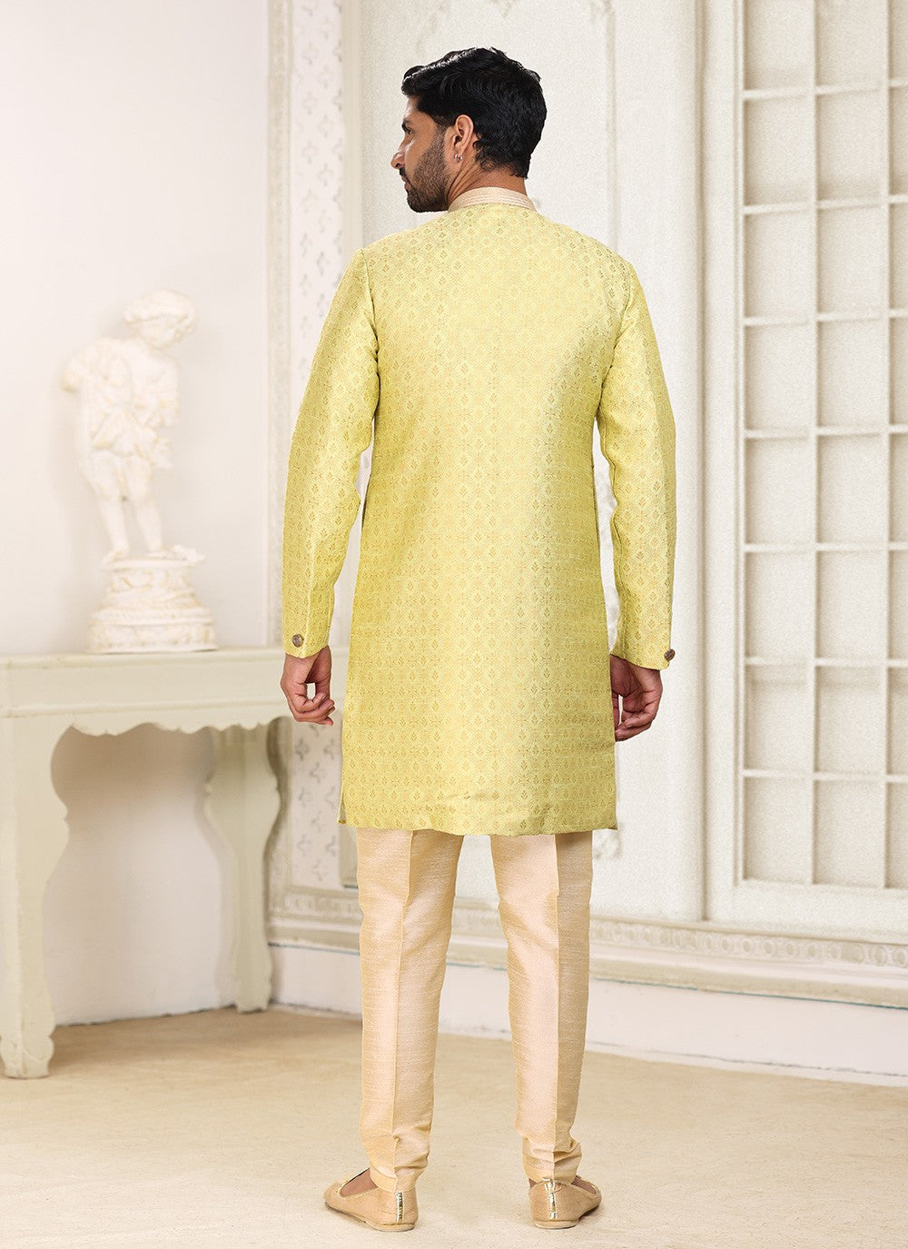 Jacquard Work Banarasi Jacquard Yellow Indo Western - M5282