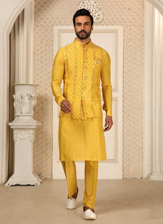 Embroidered Art Silk Yellow Kurta Payjama With Jacket - M4276