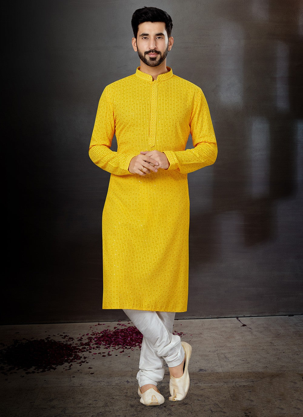 Embroidered Rayon Yellow Kurta Pyjama - M4776