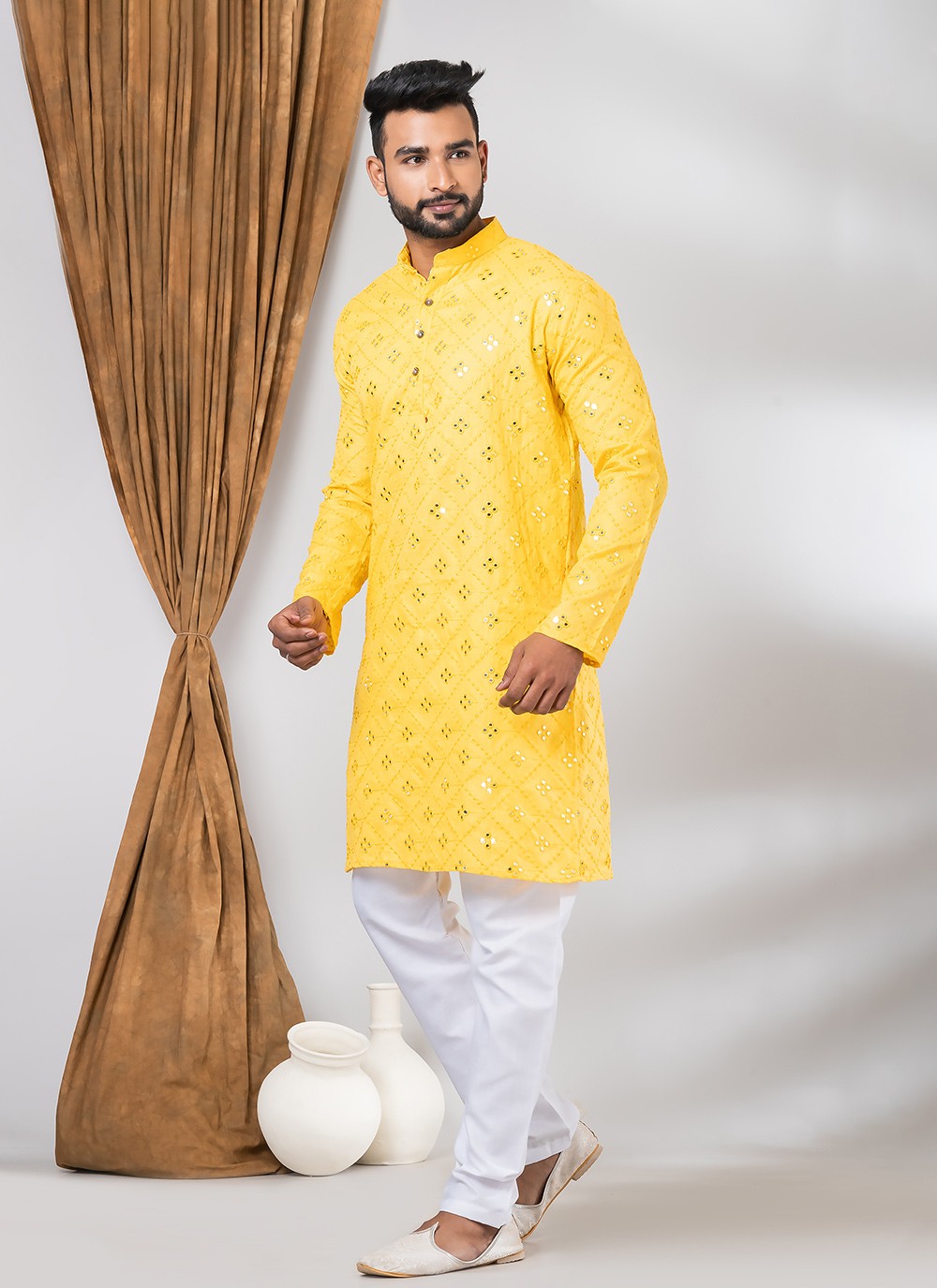 Mirror Cotton Yellow Kurta Pyjama - M7802