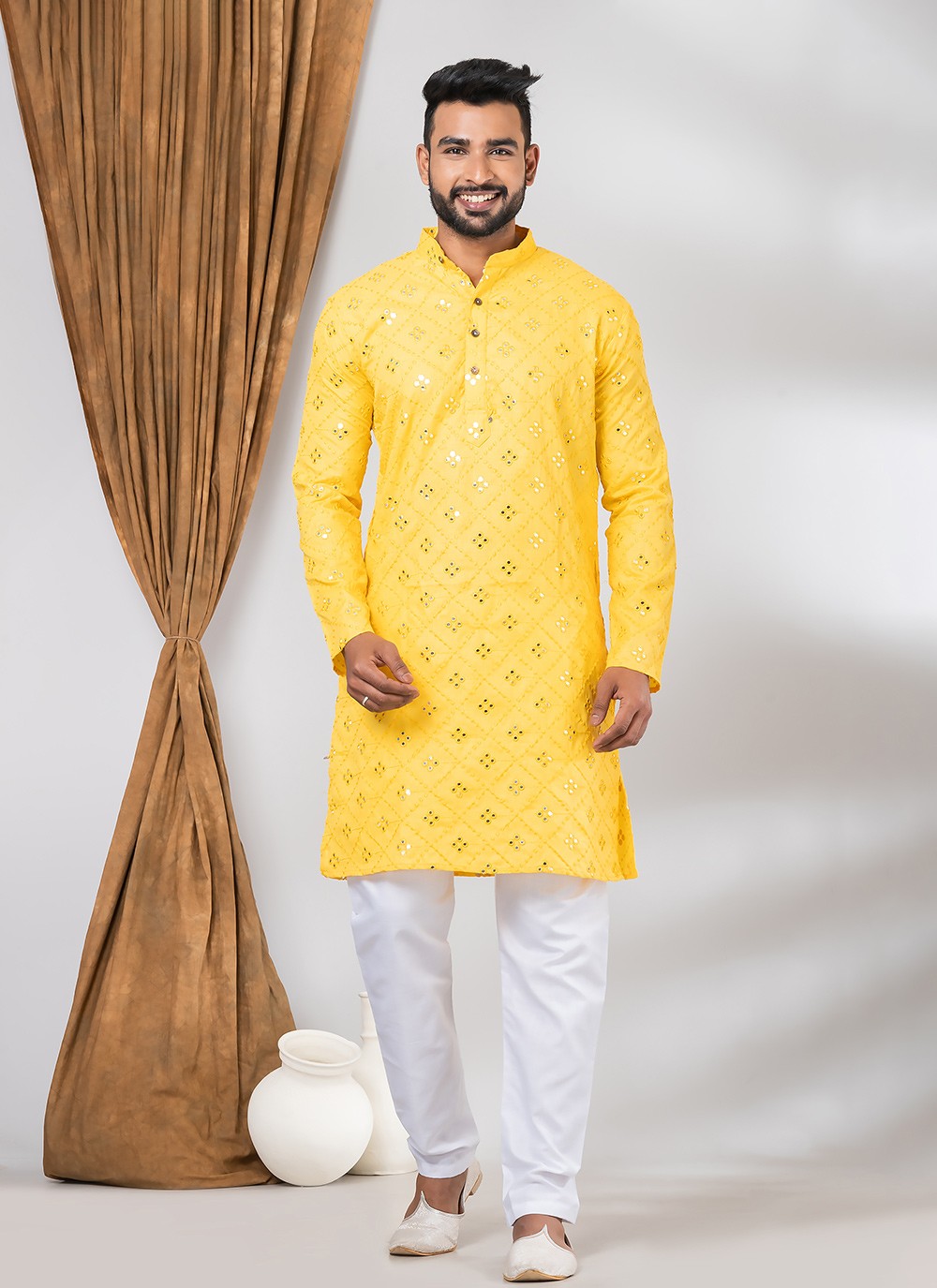 Mirror Cotton Yellow Kurta Pyjama - M7802