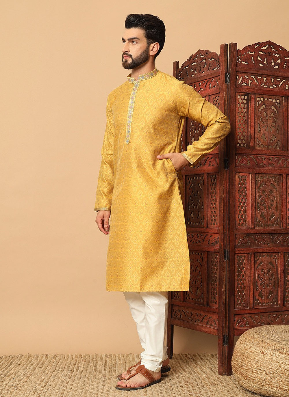 Mirror Jacquard Yellow Kurta Pyjama - M8485