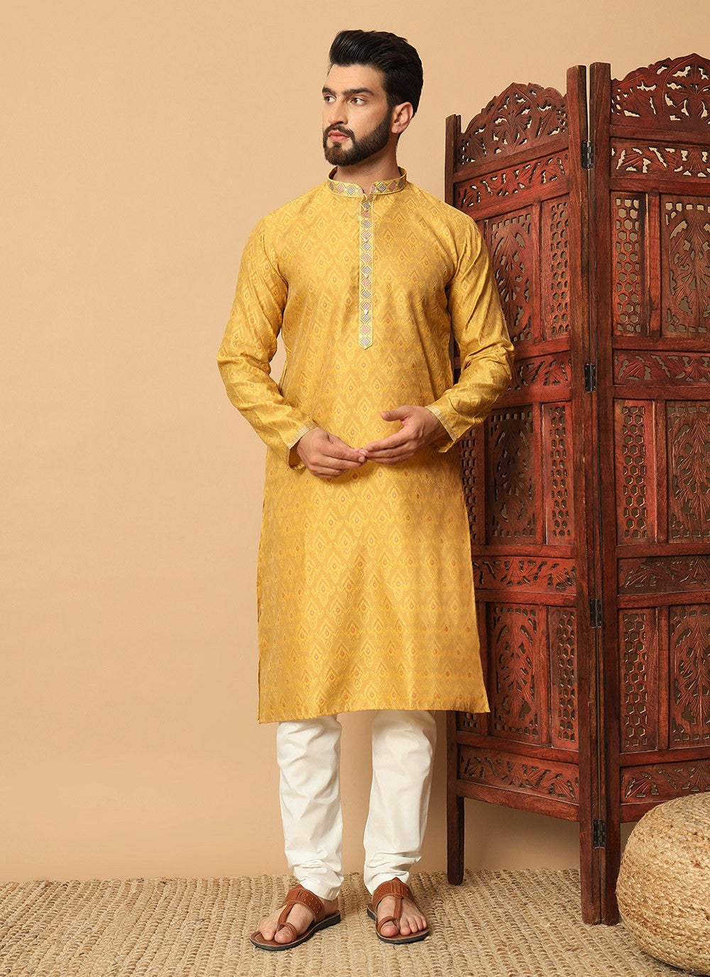 Mirror Jacquard Yellow Kurta Pyjama - M8485