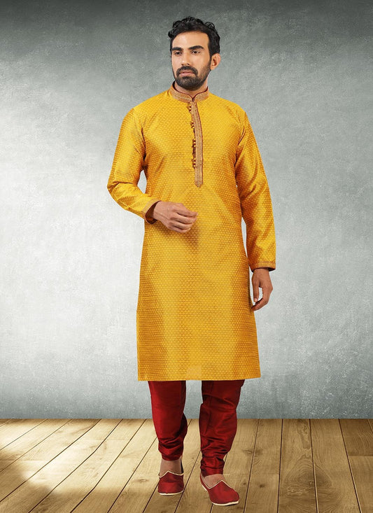 Jacquard Work Brocade, Jacquard Silk Yellow Kurta Pyjama - M2188