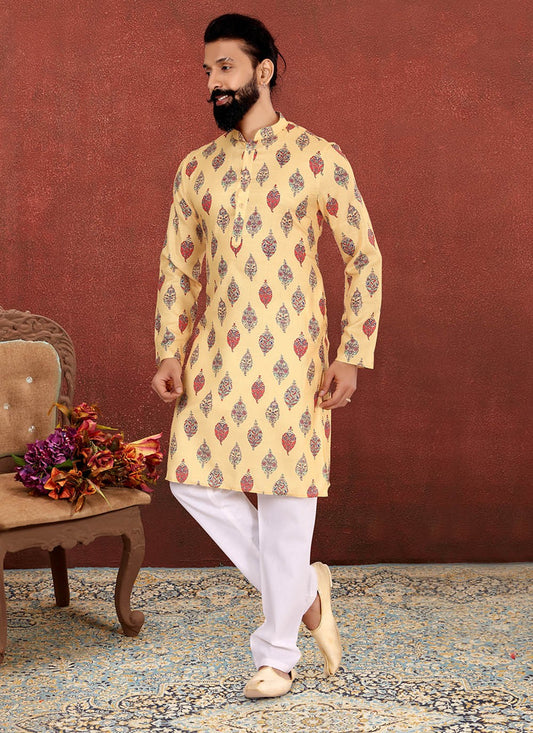 Digital Print Cotton Yellow Kurta Pyjama - M2594