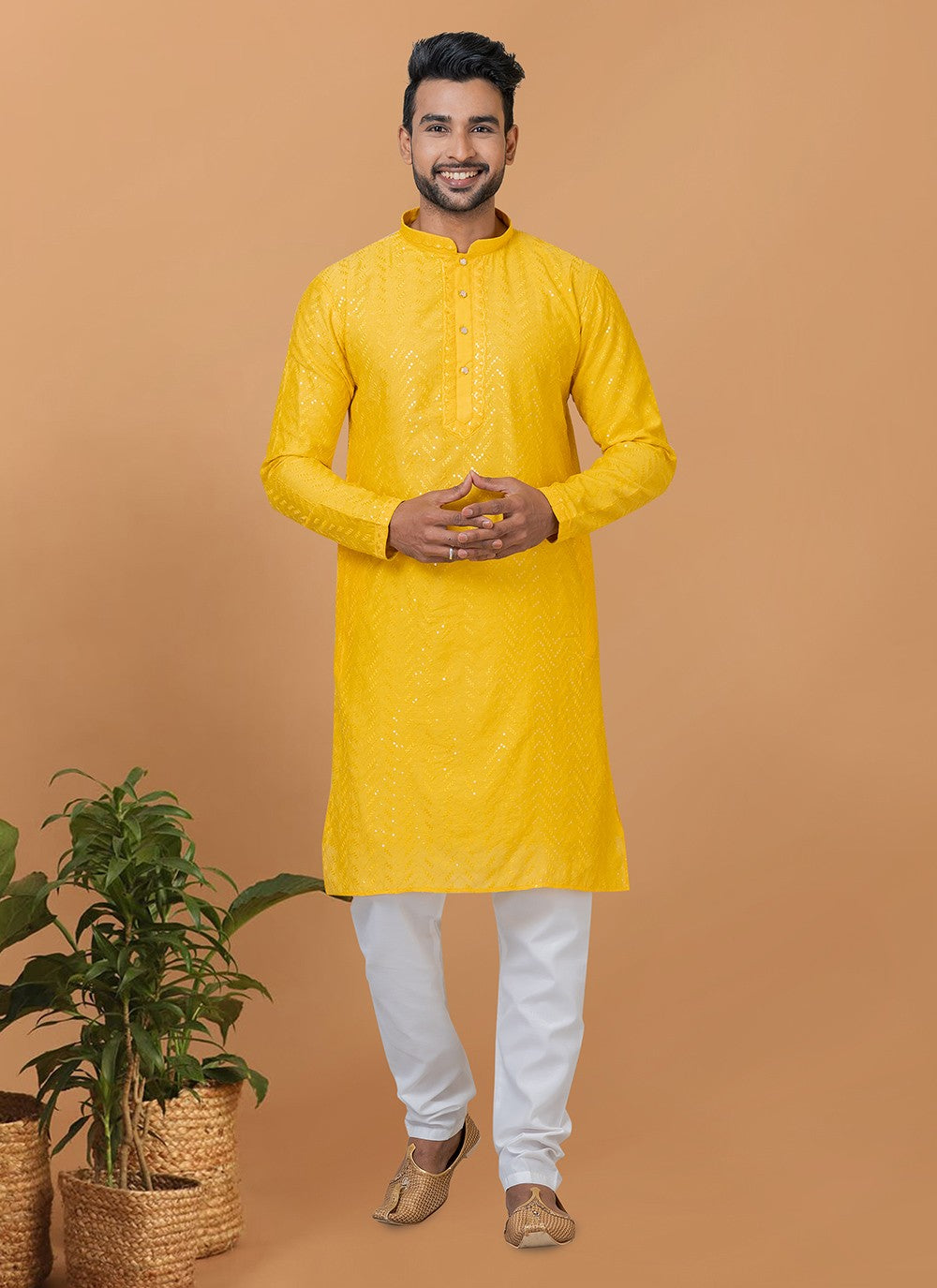 Embroidered Cotton , Viscose Yellow Kurta Pyjama - M6348