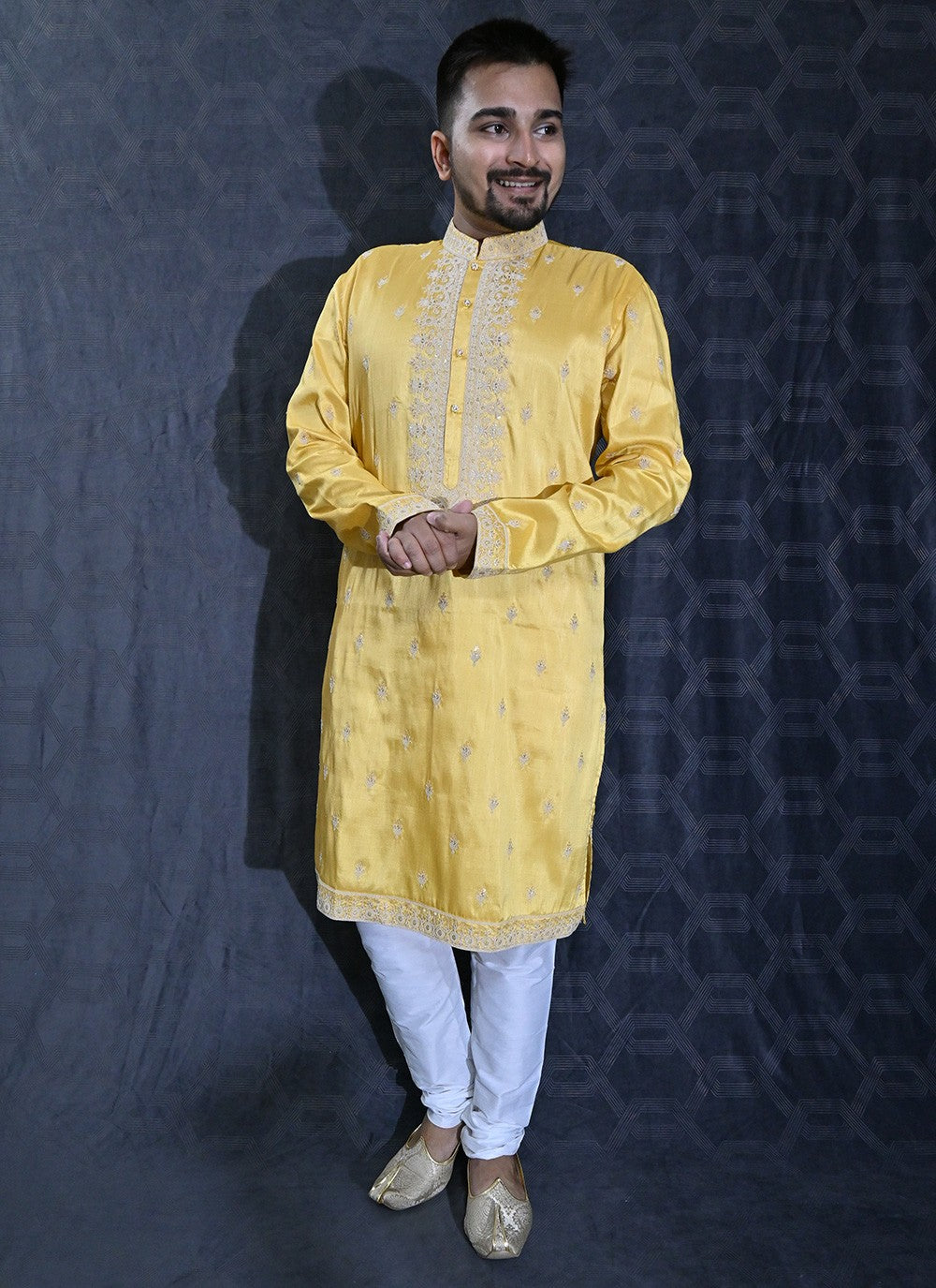 Embroidered Silk Yellow Kurta Pyjama - M6203