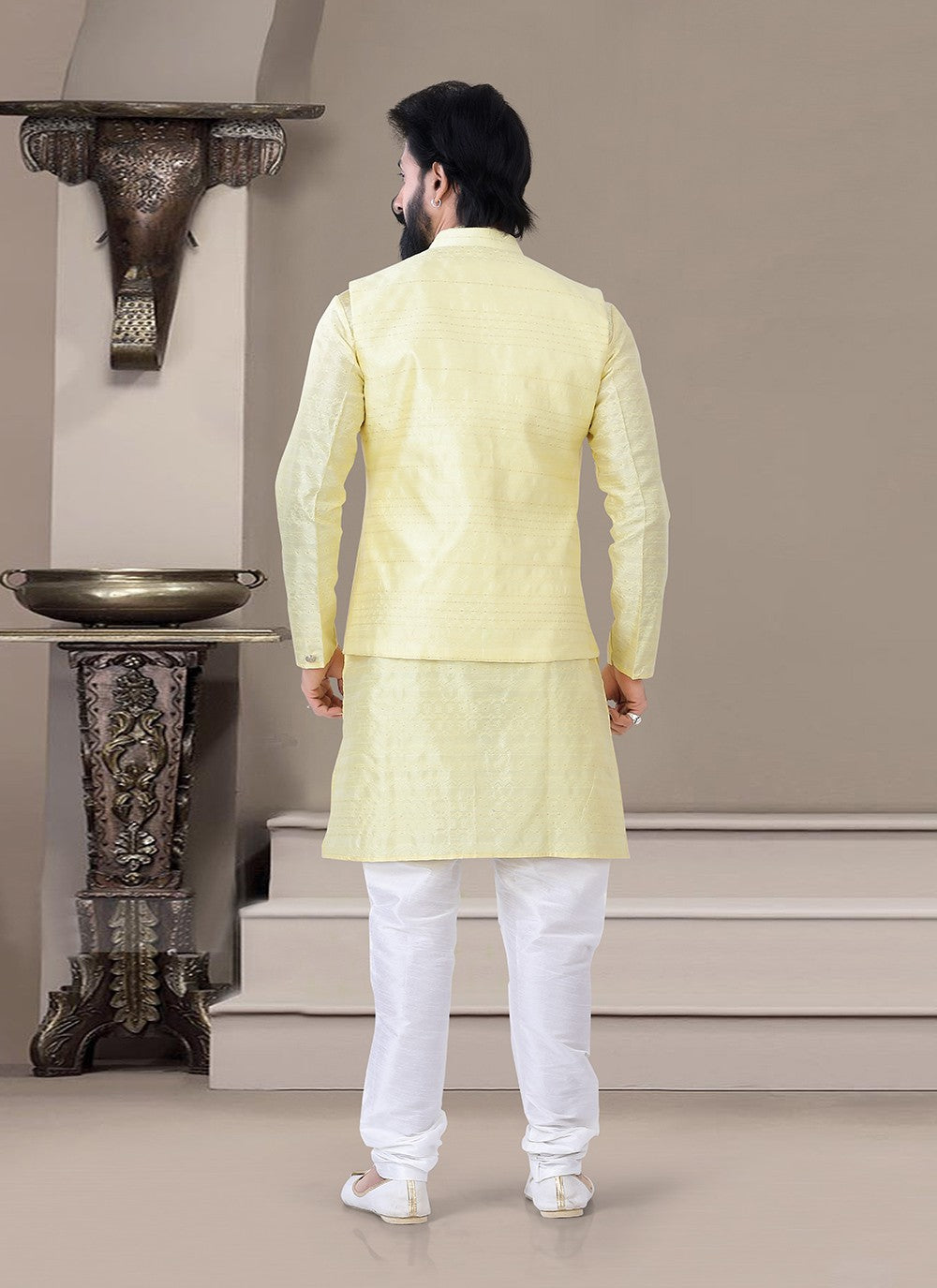 Plain Jacquard Yellow Indo Western - M3463