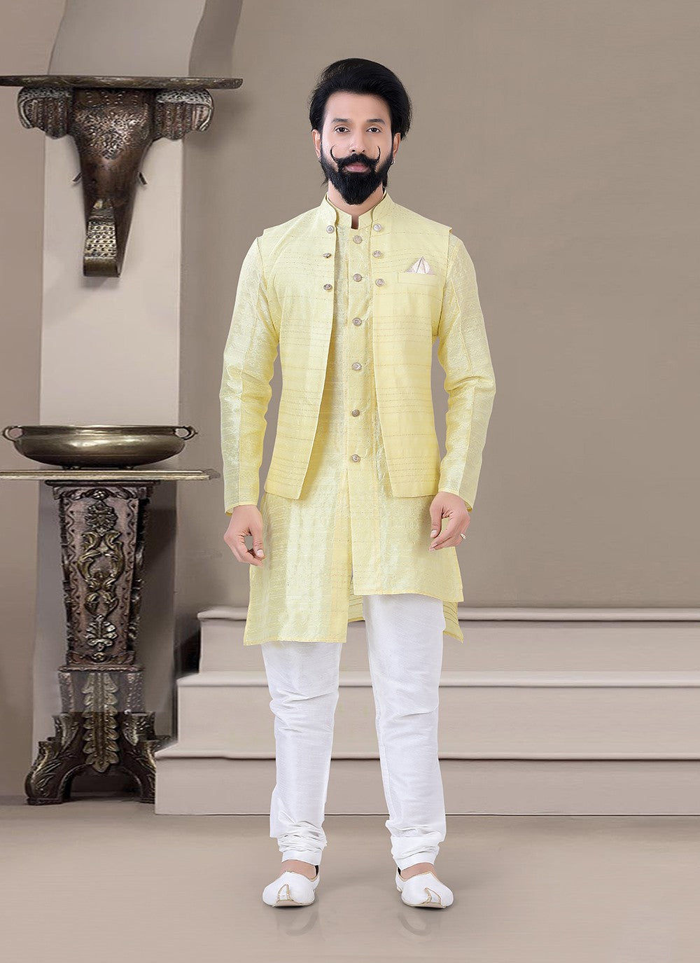 Plain Jacquard Yellow Indo Western - M3463