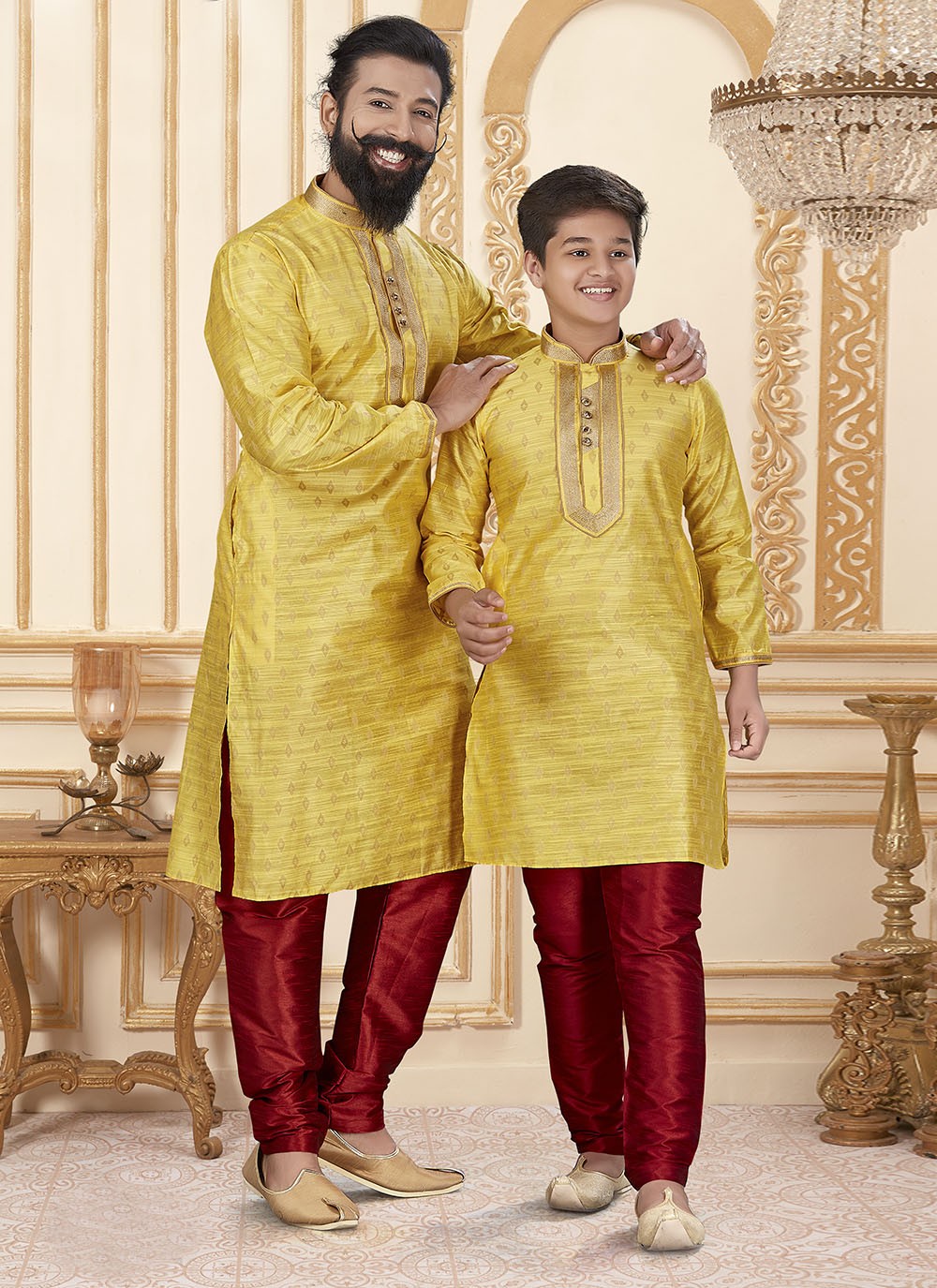 Plain Jacquard Silk Yellow Kurta Pyjama - M1912