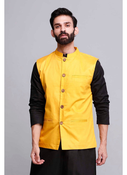 Plain Satin Yellow Nehru Jackets - M1822