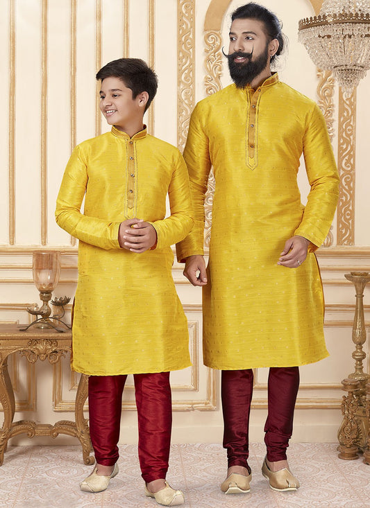 Plain Jacquard Silk Yellow Kurta Pyjama - M1910