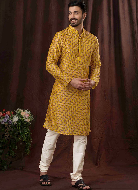 Digital Print Poly Silk Yellow Kurta Pyjama - M6841