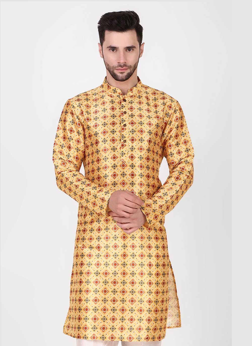 Printed Art Silk Yellow Kurta Pyjama - M4756