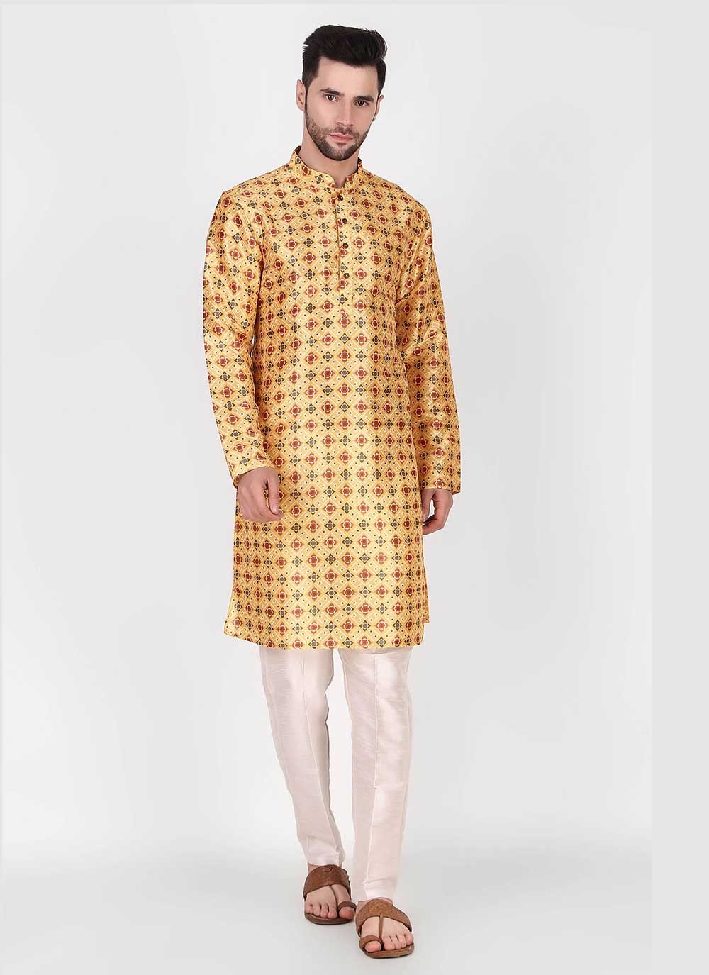 Printed Art Silk Yellow Kurta Pyjama - M4756