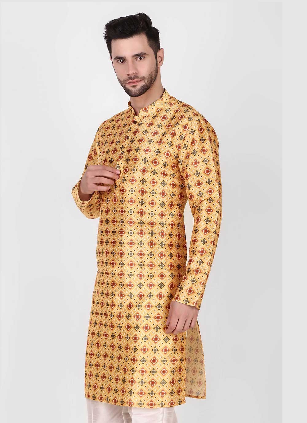 Printed Art Silk Yellow Kurta Pyjama - M4756