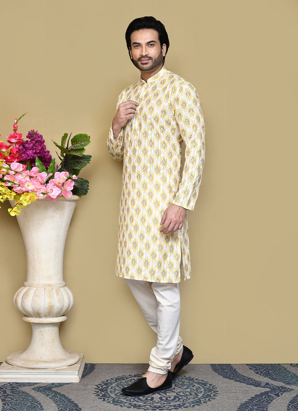 Printed Cotton Yellow Kurta Pyjama - M7814