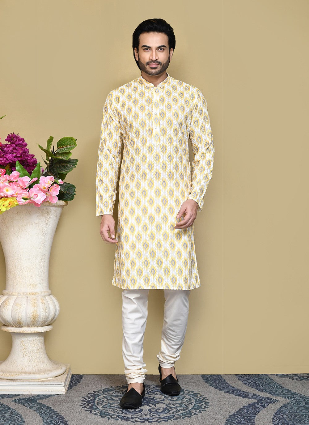 Printed Cotton Yellow Kurta Pyjama - M7814