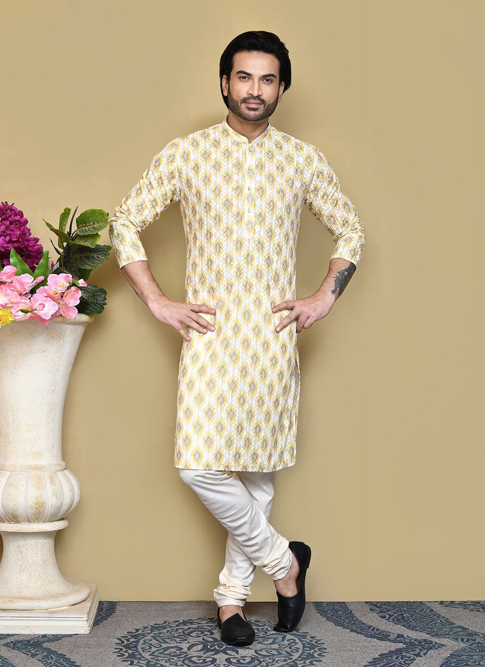 Printed Cotton Yellow Kurta Pyjama - M7814