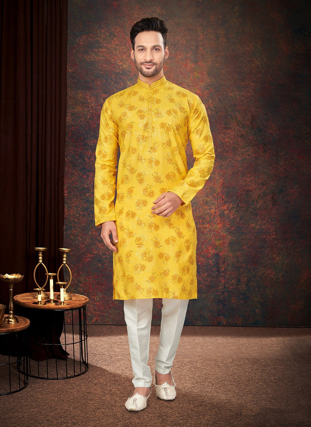 Printed Cotton Yellow Kurta Pyjama - M7175