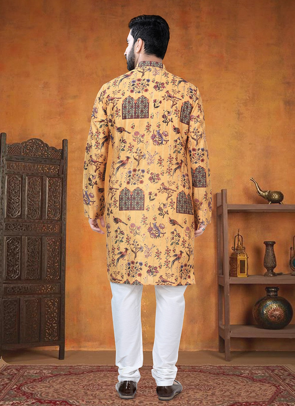 Printed Jacquard Yellow Kurta Pyjama - M8802