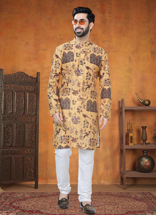 Printed Jacquard Yellow Kurta Pyjama - M8802