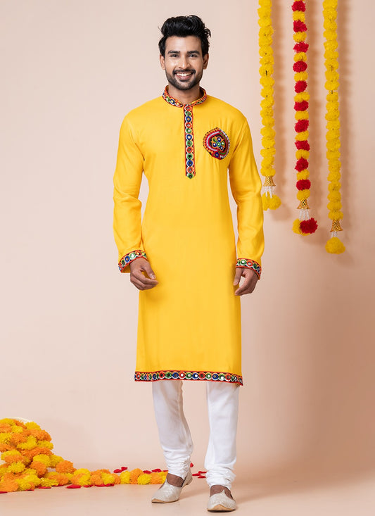 Lace Rayon Yellow Kurta Pyjama - M8300