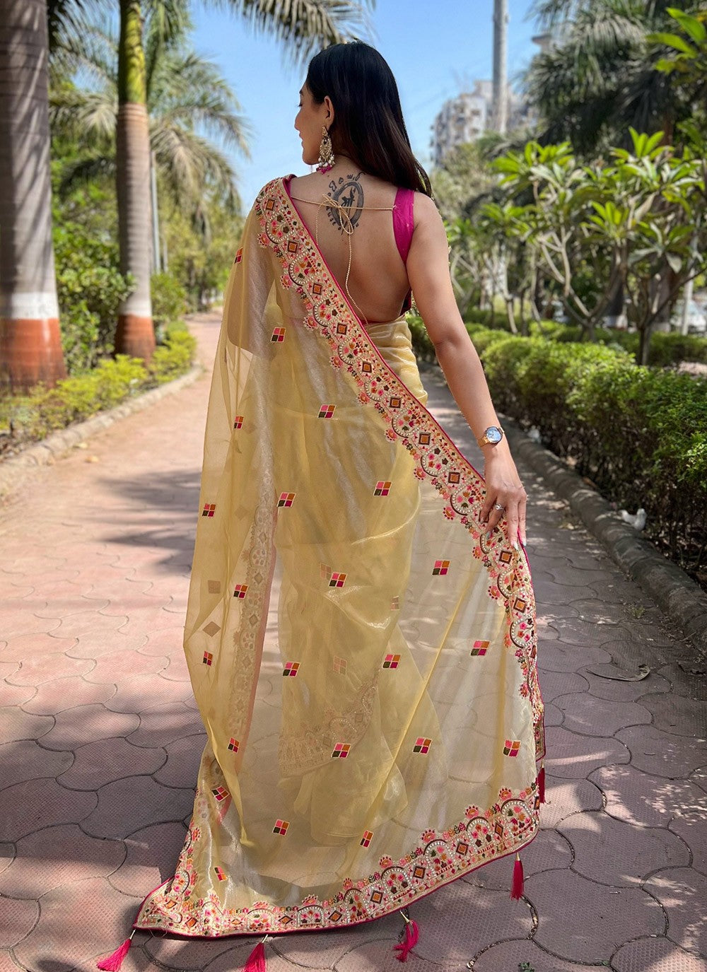 Contemporary Embroidered Silk, Tissue Peach Saree - S10672