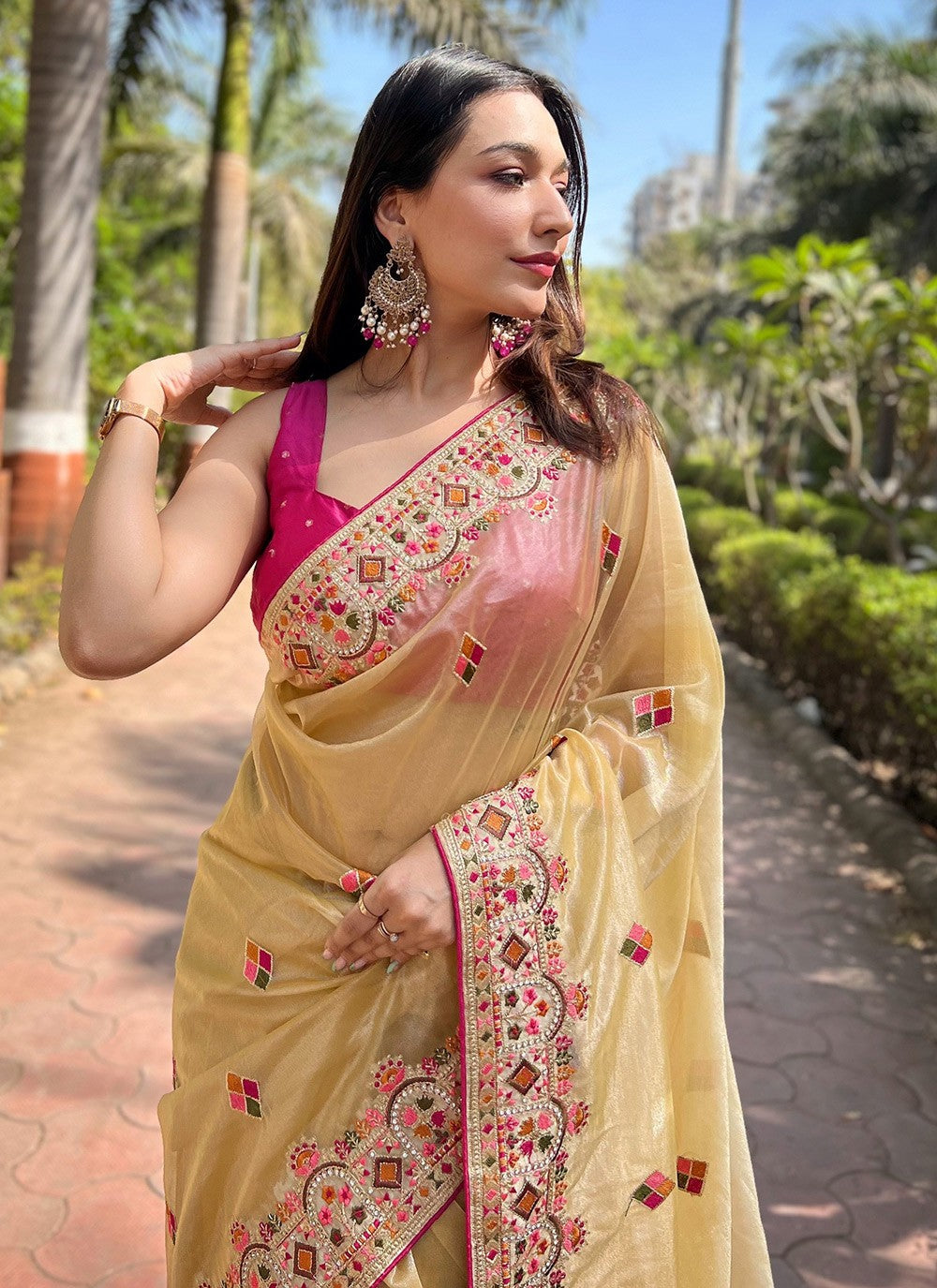 Contemporary Embroidered Silk, Tissue Peach Saree - S10672