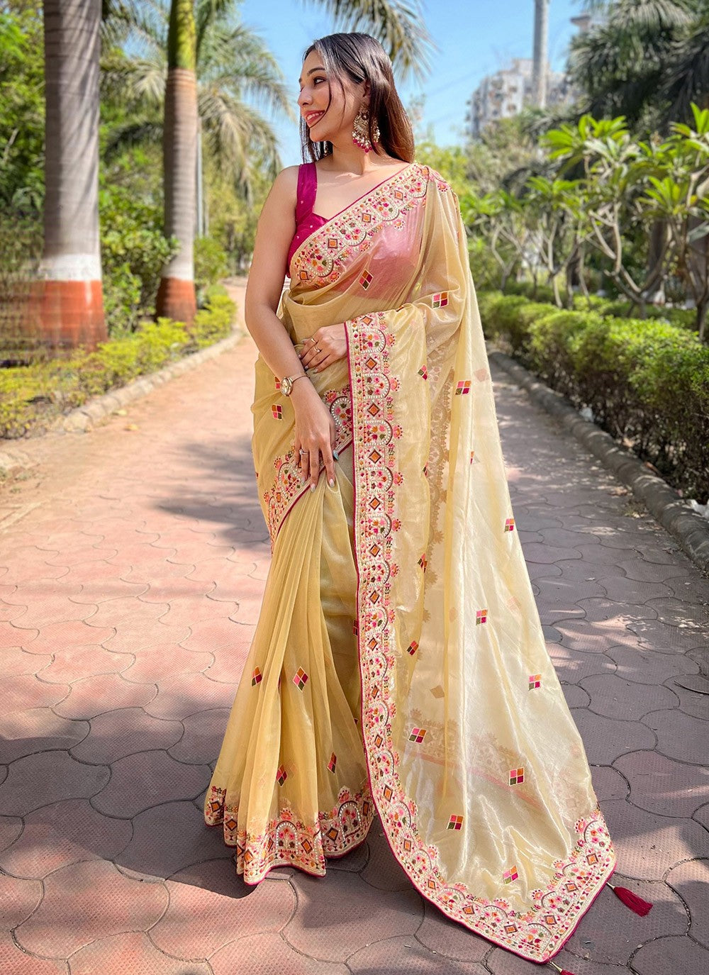 Contemporary Embroidered Silk, Tissue Peach Saree - S10672