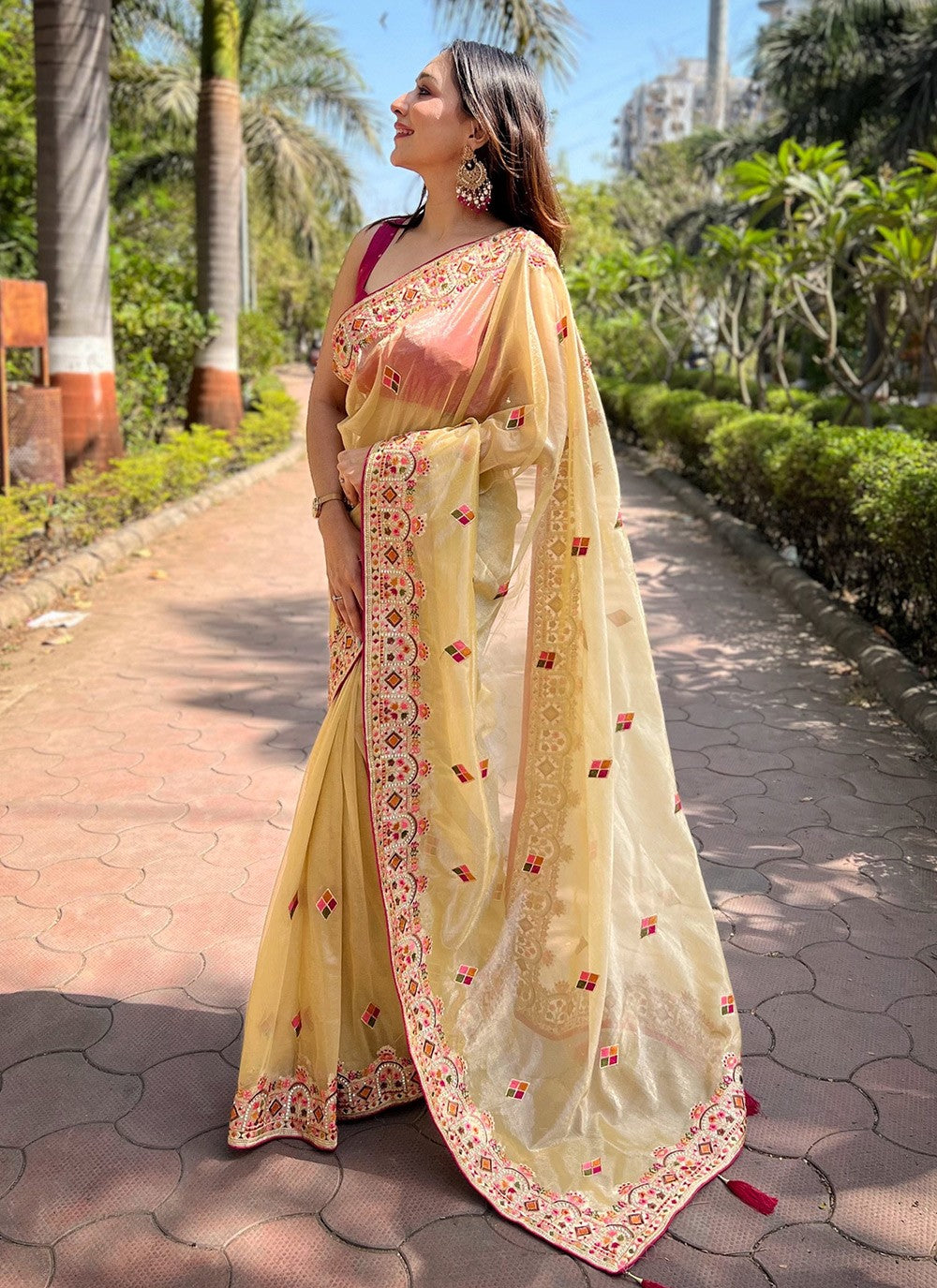 Contemporary Embroidered Silk, Tissue Peach Saree - S10672