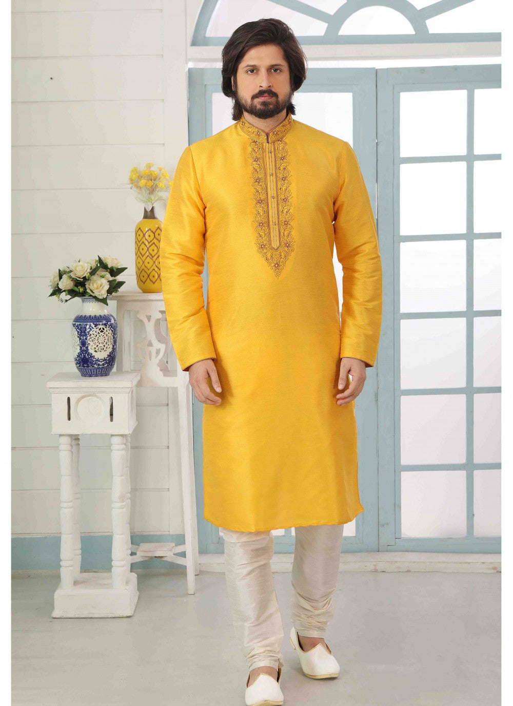 Embroidered Art Raw Silk Yellow Kurta Pyjama - M1802