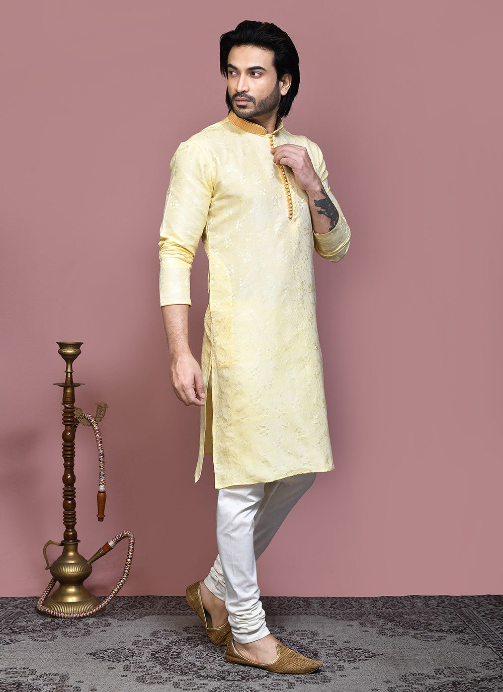 Resham Art Silk Yellow Kurta Pyjama - M7875