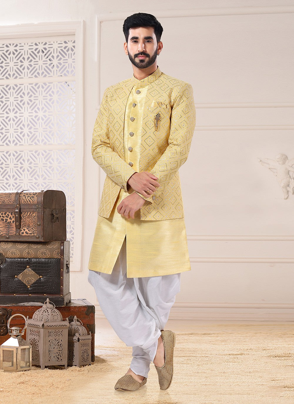 Embroidered Silk Yellow Indo Western Sherwani - M4674