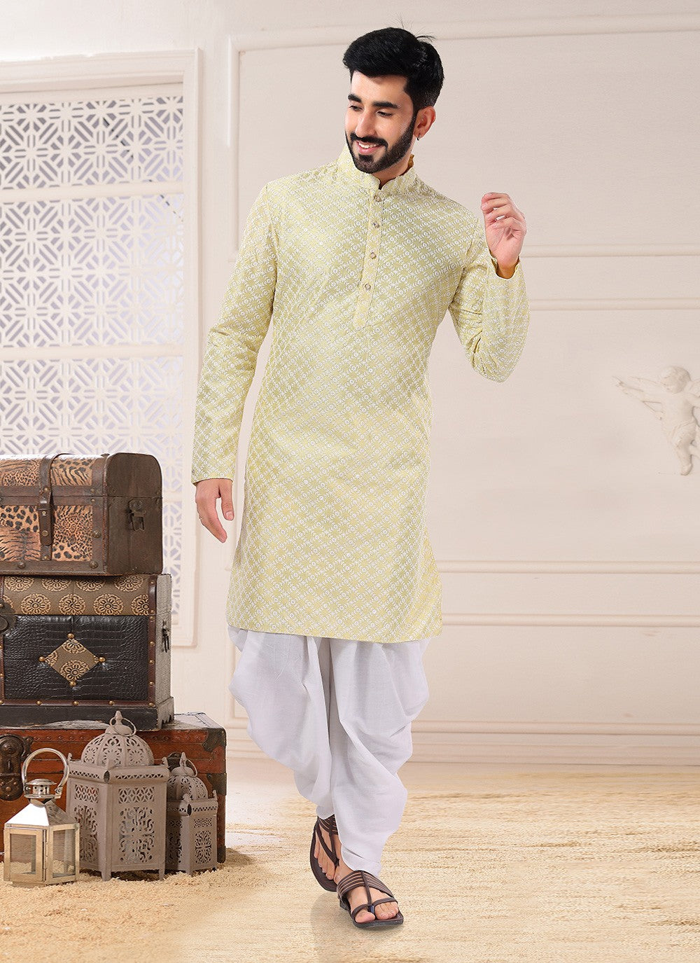 Embroidered Silk Yellow Dhoti Kurta - M4725