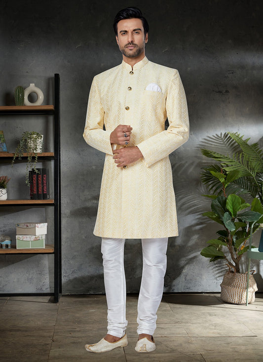 Embroidered Silk Yellow Kurta Pyjama - M4959