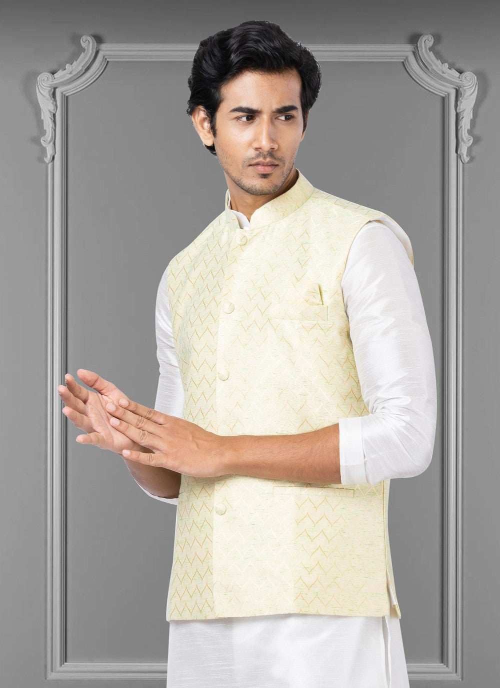 Embroidered Linen, Silk Yellow Nehru Jackets - M3825